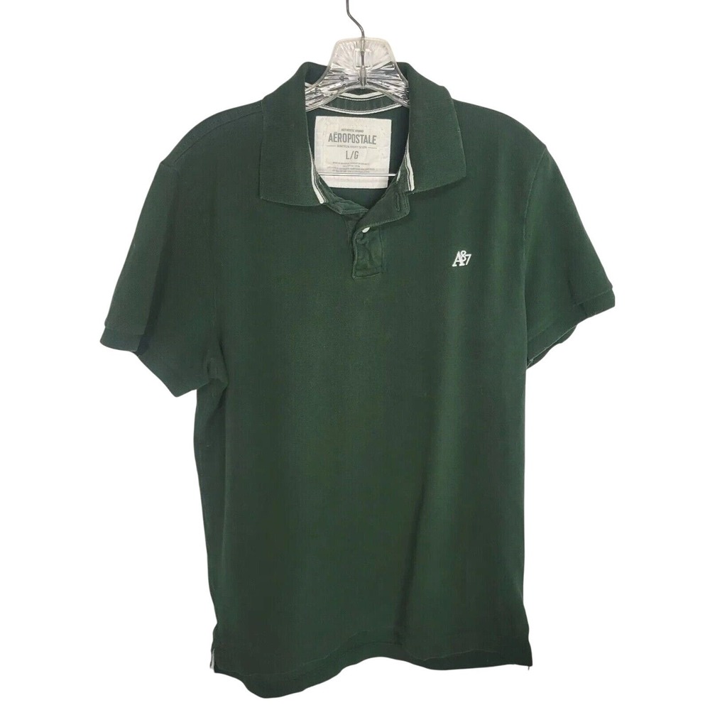 Aeropostale Mens Forest Green A87 Logo‎ Pique Cotton Polo Shirt Large L/G